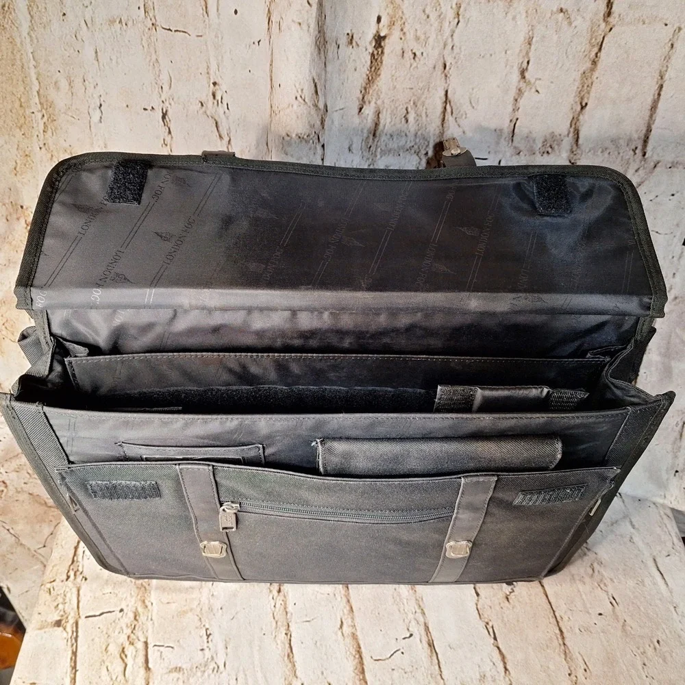 Vintage London Fog Black Canvas Briefcase‎ Laptop Travel Office Work Bag 19
